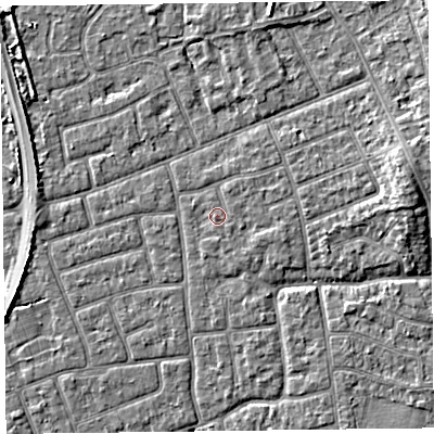 Shaded relief map of the ground around FY52RS, computed from Environment Agency LiDAR. The ground here sits at about 5 m above sea level and falls 4 m across the surrounding 800 m. Surface water reaching this point runs off ground lying to the west, 0.8 m higher.