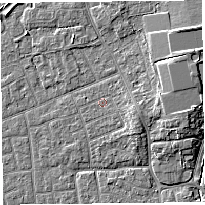 Shaded relief map of the ground around FY52RT, computed from Environment Agency LiDAR. The ground here sits at about 5 m above sea level and falls 7 m across the surrounding 800 m. Surface water reaching this point runs off ground lying to the east-south-east, 2.7 m higher.