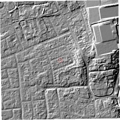 Shaded relief map of the ground around FY52RU, computed from Environment Agency LiDAR. The ground here sits at about 5 m above sea level and falls 7 m across the surrounding 800 m. Surface water reaching this point runs off ground lying to the east-north-east, 0.6 m higher.