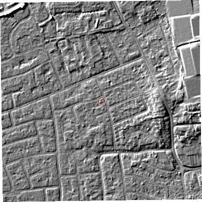 Shaded relief map of the ground around FY52RW, computed from Environment Agency LiDAR. The ground here sits at about 5 m above sea level and falls 5 m across the surrounding 800 m. Surface water reaching this point runs off ground lying to the east, 2.8 m higher.