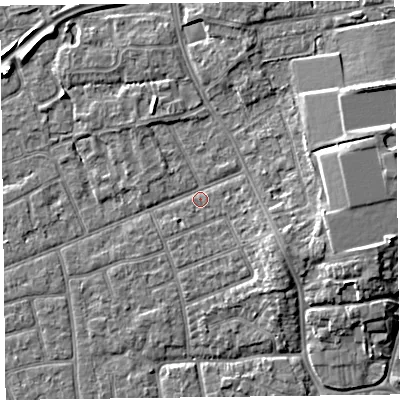 Shaded relief map of the ground around FY52RX, computed from Environment Agency LiDAR. The ground here sits at about 5 m above sea level and falls 6 m across the surrounding 800 m. Surface water reaching this point runs off ground lying to the east-north-east, 4.3 m higher.