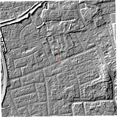 Shaded relief map of the ground around FY52RY, computed from Environment Agency LiDAR. The ground here sits at about 5 m above sea level and falls 5 m across the surrounding 800 m. Surface water reaching this point runs off ground lying to the east-south-east, 3.2 m higher.