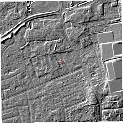 Shaded relief map of the ground around FY52RZ, computed from Environment Agency LiDAR. The ground here sits at about 5 m above sea level and falls 6 m across the surrounding 800 m. Surface water reaching this point runs off ground lying to the north-west, 1.3 m higher.