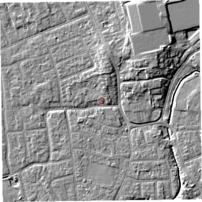 Shaded relief map of the ground around FY52SB, computed from Environment Agency LiDAR. The ground here sits at about 5 m above sea level and falls 7 m across the surrounding 800 m. Surface water reaching this point runs off ground lying to the north, 3.9 m higher.