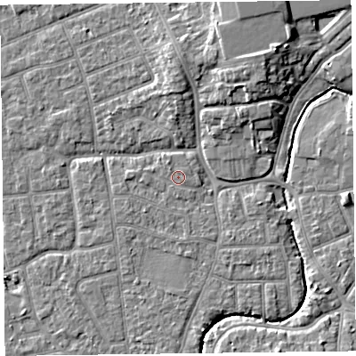 Shaded relief map of the ground around FY52SD, computed from Environment Agency LiDAR. The ground here sits at about 5 m above sea level and falls 7 m across the surrounding 800 m. Surface water reaching this point runs off ground lying to the west, 0.9 m higher.