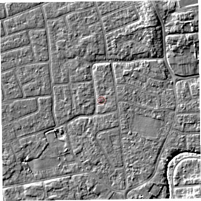 Shaded relief map of the ground around FY52SE, computed from Environment Agency LiDAR. The ground here sits at about 5 m above sea level and falls 7 m across the surrounding 800 m. Surface water reaching this point runs off ground lying to the east-north-east, 0.8 m higher.