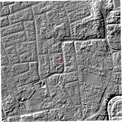 Shaded relief map of the ground around FY52SF, computed from Environment Agency LiDAR. The ground here sits at about 5 m above sea level and falls 6 m across the surrounding 800 m. Surface water reaching this point runs off ground lying to the north-east, 0.8 m higher.
