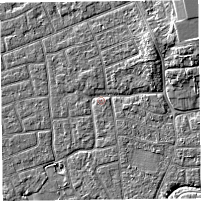 Shaded relief map of the ground around FY52SG, computed from Environment Agency LiDAR. The ground here sits at about 5 m above sea level and falls 7 m across the surrounding 800 m. Surface water reaching this point runs off ground lying to the north-north-west, 1.6 m higher.