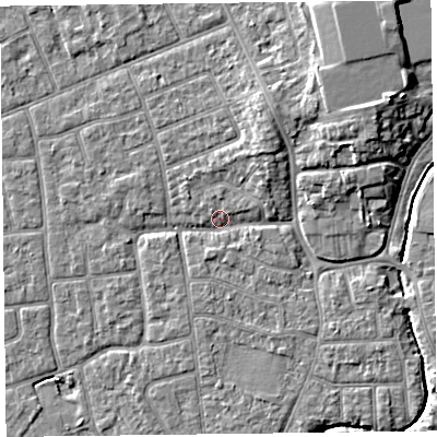 Shaded relief map of the ground around FY52SH, computed from Environment Agency LiDAR. The ground here sits at about 5 m above sea level and falls 7 m across the surrounding 800 m. Surface water reaching this point runs off ground lying to the north-north-east, 3.9 m higher.