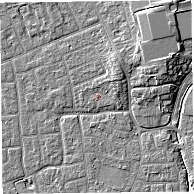 Shaded relief map of the ground around FY52SJ, computed from Environment Agency LiDAR. The ground here sits at about 5 m above sea level and falls 7 m across the surrounding 800 m. Surface water reaching this point runs off ground lying to the north-east, 2.7 m higher.