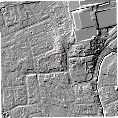 Shaded relief map of the ground around FY52SL, computed from Environment Agency LiDAR. The ground here sits at about 7 m above sea level and falls 7 m across the surrounding 800 m. Surface water reaching this point runs off ground lying to the north-north-east, 2.0 m higher.