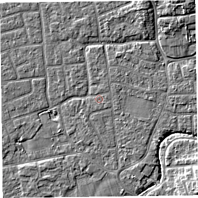Shaded relief map of the ground around FY52SN, computed from Environment Agency LiDAR. The ground here sits at about 5 m above sea level and falls 7 m across the surrounding 800 m. Surface water reaching this point runs off ground lying to the east, 0.6 m higher.