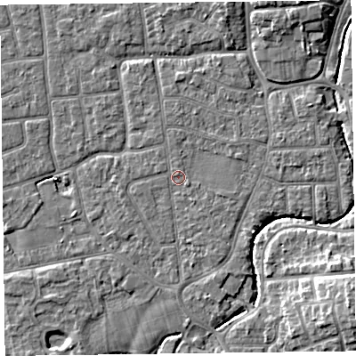 Shaded relief map of the ground around FY52SP, computed from Environment Agency LiDAR. The ground here sits at about 5 m above sea level and falls 9 m across the surrounding 800 m. Surface water reaching this point runs off ground lying to the east-south-east, 0.8 m higher.