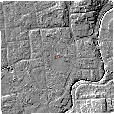 Shaded relief map of the ground around FY52SR, computed from Environment Agency LiDAR. The ground here sits at about 5 m above sea level and falls 9 m across the surrounding 800 m. Surface water reaching this point runs off ground lying to the north-north-west, 0.8 m higher.