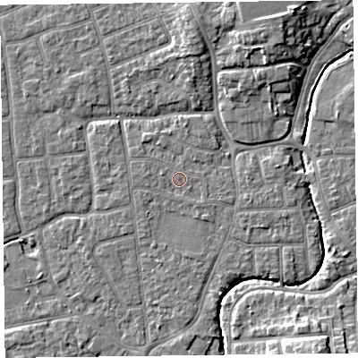 Shaded relief map of the ground around FY52SS, computed from Environment Agency LiDAR. The ground here sits at about 5 m above sea level and falls 8 m across the surrounding 800 m. Surface water reaching this point runs off ground lying to the west-north-west, 0.8 m higher.