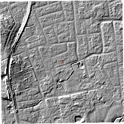 Shaded relief map of the ground around FY52ST, computed from Environment Agency LiDAR. The ground here sits at about 5 m above sea level and falls 7 m across the surrounding 800 m. Surface water reaching this point runs off ground lying to the west, 6.1 m higher.