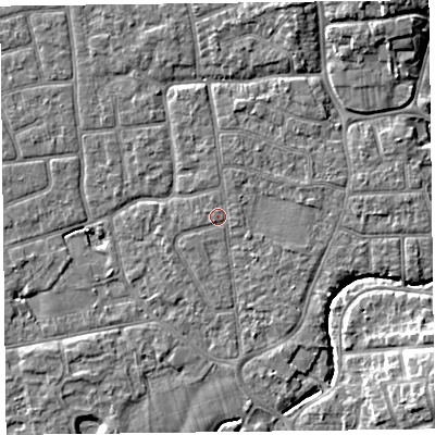 Shaded relief map of the ground around FY52SW, computed from Environment Agency LiDAR. The ground here sits at about 5 m above sea level and falls 8 m across the surrounding 800 m. The ground contributing surface water to this point lies to the east-south-east.