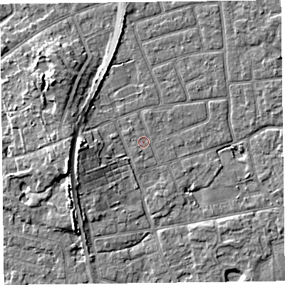 Shaded relief map of the ground around FY52SY, computed from Environment Agency LiDAR. The ground here sits at about 5 m above sea level and falls 8 m across the surrounding 800 m. Surface water reaching this point runs off ground lying to the west, 4.8 m higher.