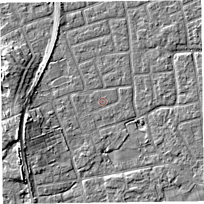 Shaded relief map of the ground around FY52SZ, computed from Environment Agency LiDAR. The ground here sits at about 5 m above sea level and falls 8 m across the surrounding 800 m. Surface water reaching this point runs off ground lying to the north-north-east, 0.8 m higher.