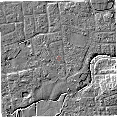 Shaded relief map of the ground around FY52TA, computed from Environment Agency LiDAR. The ground here sits at about 5 m above sea level and falls 7 m across the surrounding 800 m. Surface water reaching this point runs off ground lying to the north, 0.7 m higher.