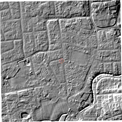 Shaded relief map of the ground around FY52TD, computed from Environment Agency LiDAR. The ground here sits at about 5 m above sea level and falls 8 m across the surrounding 800 m. Surface water reaching this point runs off ground lying to the east-north-east, 0.5 m higher.