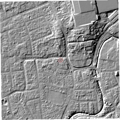 Shaded relief map of the ground around FY52TJ, computed from Environment Agency LiDAR. The ground here sits at about 5 m above sea level and falls 7 m across the surrounding 800 m. Surface water reaching this point runs off ground lying to the north, 3.9 m higher.