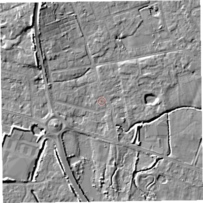 Shaded relief map of the ground around FY52TN, computed from Environment Agency LiDAR. The ground here sits at about 4 m above sea level and falls 7 m across the surrounding 800 m. Surface water reaching this point runs off ground lying to the north-west, 6.3 m higher.