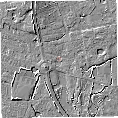 Shaded relief map of the ground around FY52TP, computed from Environment Agency LiDAR. The ground here sits at about 4 m above sea level and falls 7 m across the surrounding 800 m. Surface water reaching this point runs off ground lying to the west-south-west, 1.5 m higher.