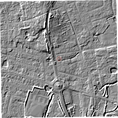 Shaded relief map of the ground around FY52TR, computed from Environment Agency LiDAR. The ground here sits at about 5 m above sea level and falls 7 m across the surrounding 800 m. Surface water reaching this point runs off ground lying to the north-north-west, 5.4 m higher.