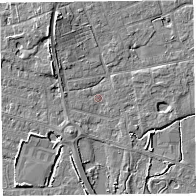 Shaded relief map of the ground around FY52TS, computed from Environment Agency LiDAR. The ground here sits at about 4 m above sea level and falls 7 m across the surrounding 800 m. Surface water reaching this point runs off ground lying to the north-west, 6.5 m higher.