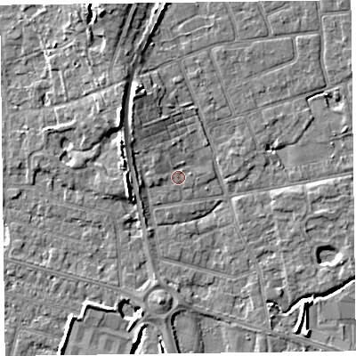 Shaded relief map of the ground around FY52TU, computed from Environment Agency LiDAR. The ground here sits at about 5 m above sea level and falls 8 m across the surrounding 800 m. Surface water reaching this point runs off ground lying to the north-west, 1.3 m higher.