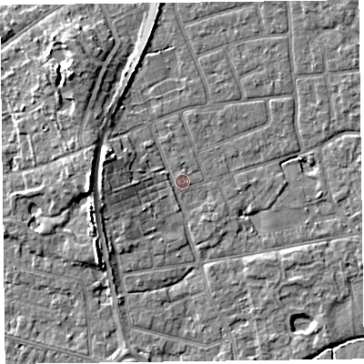 Shaded relief map of the ground around FY52TW, computed from Environment Agency LiDAR. The ground here sits at about 5 m above sea level and falls 8 m across the surrounding 800 m. Surface water reaching this point runs off ground lying to the west-north-west, 4.6 m higher.