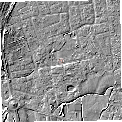 Shaded relief map of the ground around FY52TX, computed from Environment Agency LiDAR. The ground here sits at about 4 m above sea level and falls 7 m across the surrounding 800 m. Surface water reaching this point runs off ground lying to the west-north-west, 6.1 m higher.
