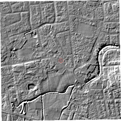 Shaded relief map of the ground around FY52TZ, computed from Environment Agency LiDAR. The ground here sits at about 5 m above sea level and falls 6 m across the surrounding 800 m. Surface water reaching this point runs off ground lying to the east, 1.2 m higher.