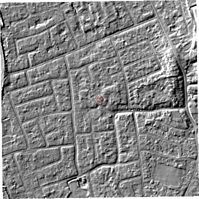 Shaded relief map of the ground around FY52UA, computed from Environment Agency LiDAR. The ground here sits at about 5 m above sea level and falls 6 m across the surrounding 800 m. Surface water reaching this point runs off ground lying to the north-east, 0.8 m higher.
