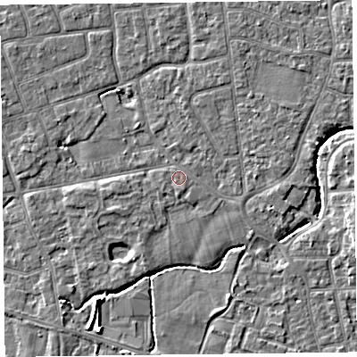 Shaded relief map of the ground around FY52UD, computed from Environment Agency LiDAR. The ground here sits at about 5 m above sea level and falls 4 m across the surrounding 800 m. Surface water reaching this point runs off ground lying to the east, 1.2 m higher.