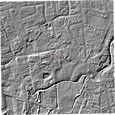 Shaded relief map of the ground around FY52UE, computed from Environment Agency LiDAR. The ground here sits at about 5 m above sea level and falls 4 m across the surrounding 800 m. Surface water reaching this point runs off ground lying to the west, 0.7 m higher.