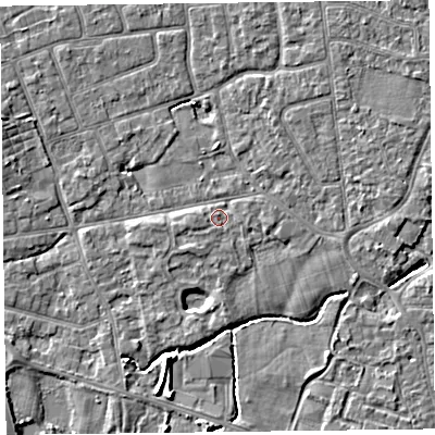 Shaded relief map of the ground around FY52UF, computed from Environment Agency LiDAR. The ground here sits at about 5 m above sea level and falls 4 m across the surrounding 800 m. Surface water reaching this point runs off ground lying to the west-south-west, 1.1 m higher.