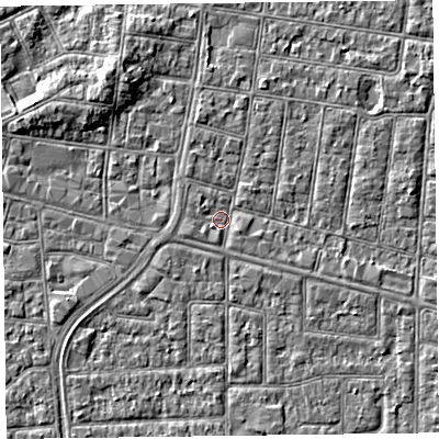 Shaded relief map of the ground around FY52UH, computed from Environment Agency LiDAR. The ground here sits at about 5 m above sea level and falls 4 m across the surrounding 800 m. Surface water reaching this point runs off ground lying to the north, 1.3 m higher.