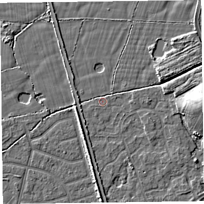 Shaded relief map of the ground around FY52UN, computed from Environment Agency LiDAR. The ground here sits at about 5 m above sea level and falls 10 m across the surrounding 800 m. Surface water reaching this point runs off ground lying to the west-south-west, 2.3 m higher.