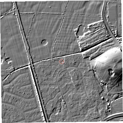 Shaded relief map of the ground around FY52UP, computed from Environment Agency LiDAR. The ground here sits at about 5 m above sea level and falls 11 m across the surrounding 800 m. Surface water reaching this point runs off ground lying to the east-north-east, 1.0 m higher.
