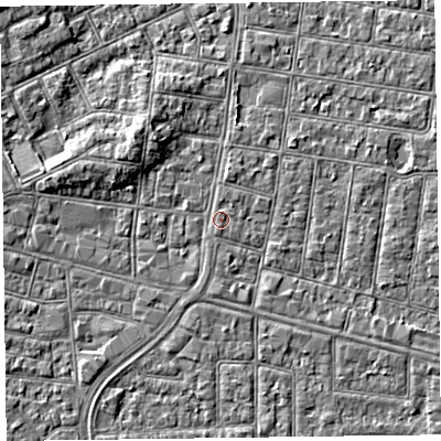 Shaded relief map of the ground around FY52UQ, computed from Environment Agency LiDAR. The ground here sits at about 5 m above sea level and falls 4 m across the surrounding 800 m. Surface water reaching this point runs off ground lying to the north, 0.6 m higher.