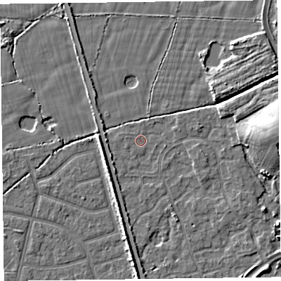 Shaded relief map of the ground around FY52UR, computed from Environment Agency LiDAR. The ground here sits at about 5 m above sea level and falls 10 m across the surrounding 800 m. Surface water reaching this point runs off ground lying to the west, 1.7 m higher.
