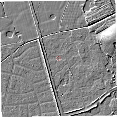 Shaded relief map of the ground around FY52UT, computed from Environment Agency LiDAR. The ground here sits at about 5 m above sea level and falls 10 m across the surrounding 800 m. Surface water reaching this point runs off ground lying to the east-north-east, 9.6 m higher.