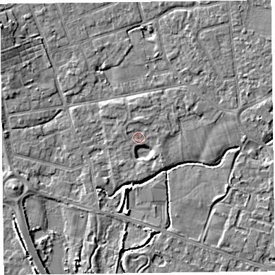 Shaded relief map of the ground around FY52UU, computed from Environment Agency LiDAR. The ground here sits at about 5 m above sea level and falls 5 m across the surrounding 800 m. Surface water reaching this point runs off ground lying to the north-north-east, 2.4 m higher.