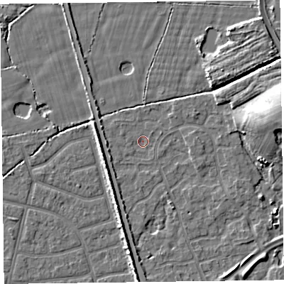 Shaded relief map of the ground around FY52UW, computed from Environment Agency LiDAR. The ground here sits at about 5 m above sea level and falls 10 m across the surrounding 800 m. Surface water reaching this point runs off ground lying to the west-north-west, 1.7 m higher.