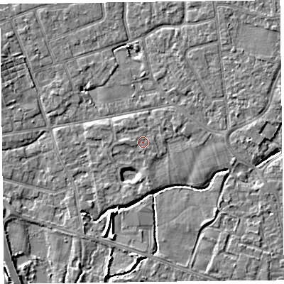 Shaded relief map of the ground around FY52UX, computed from Environment Agency LiDAR. The ground here sits at about 5 m above sea level and falls 4 m across the surrounding 800 m. Surface water reaching this point runs off ground lying to the west, 0.6 m higher.