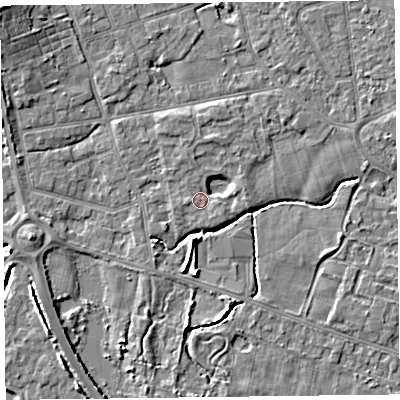 Shaded relief map of the ground around FY52UY, computed from Environment Agency LiDAR. The ground here sits at about 5 m above sea level and falls 6 m across the surrounding 800 m. Surface water reaching this point runs off ground lying to the north-north-east, 2.4 m higher.
