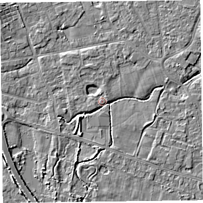 Shaded relief map of the ground around FY52UZ, computed from Environment Agency LiDAR. The ground here sits at about 5 m above sea level and falls 4 m across the surrounding 800 m. Surface water reaching this point runs off ground lying to the east-south-east, 2.7 m higher.