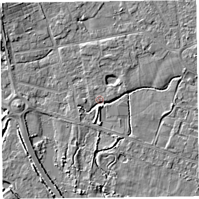 Shaded relief map of the ground around FY52WA, computed from Environment Agency LiDAR. The ground here sits at about 5 m above sea level and falls 5 m across the surrounding 800 m. Surface water reaching this point runs off ground lying to the south, 4.0 m higher.